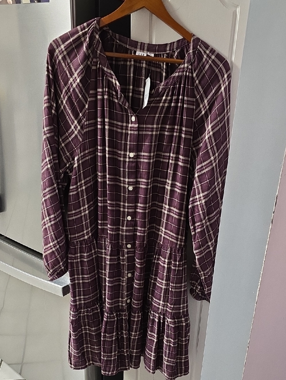 GAP Plum Plaid Long-Sleeve Tiered Button Dress